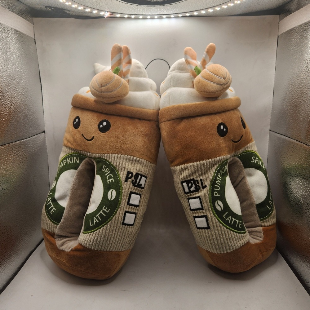 Pumpkin Spice Latte Plush Slippers Novelty PSL Coffee House Shoes Brown Tan 9-10